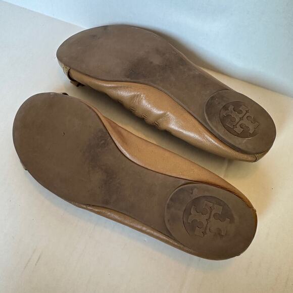 Tory Burch Tan Romy Leather Patent Medallion Logo Bow Ballet Flats Size 7 - Picture 4 of 8